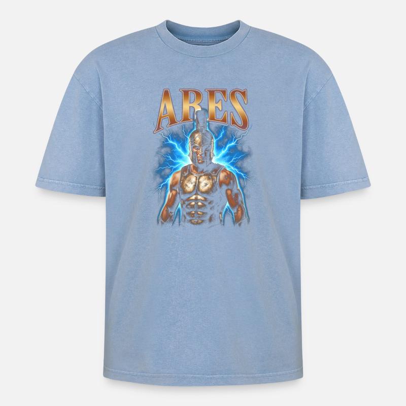 Ares Krieger mit Blitz - Oversized Unisex Premium Acid-Washed T-Shirt - Blau Acid Wash