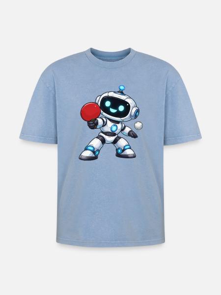 Robot Table Tennis - Oversized Unisex Premium Acid-Washed T-Shirt - acid washed blue
