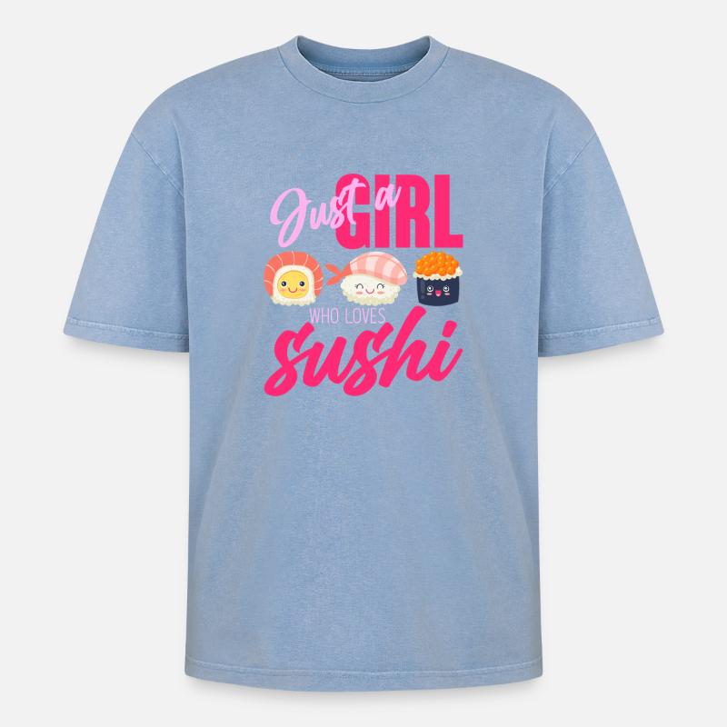 Nur ein Mädchen, das Sushi liebt - Oversized Unisex Premium Acid-Washed T-Shirt - Blau Acid Wash