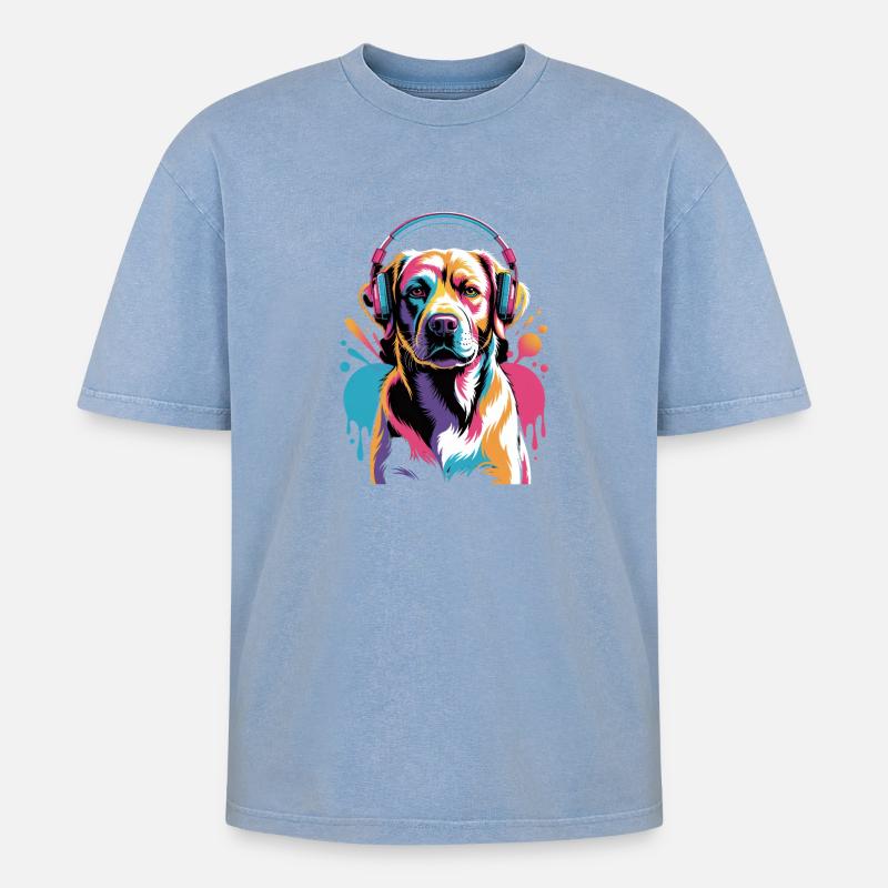 Labrador mit Kopfhörer - Oversized Unisex Premium Acid-Washed T-Shirt - Blau Acid Wash