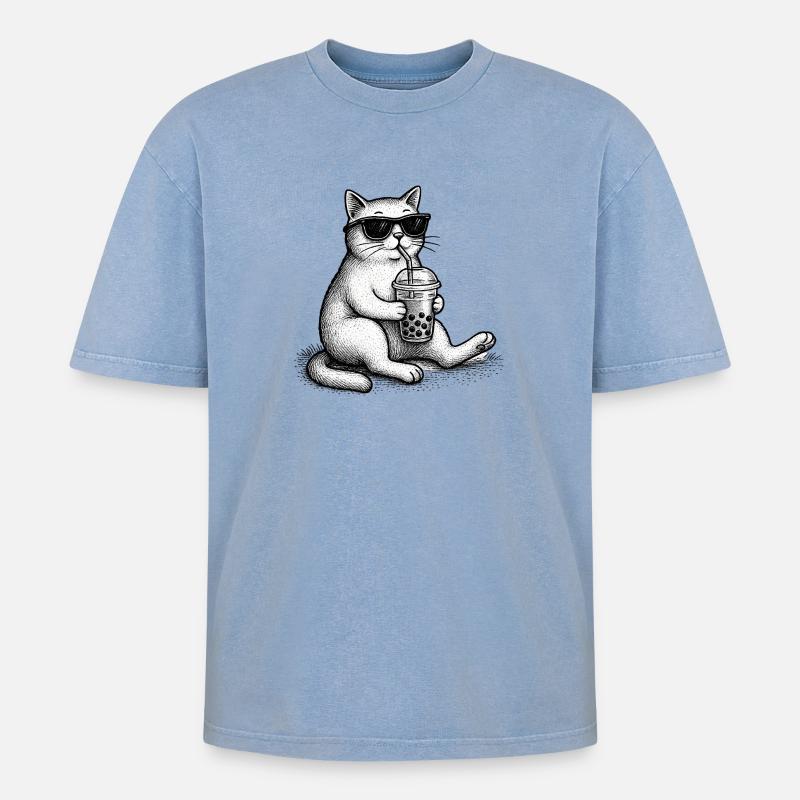 Bubble Tea Katze - Oversized Unisex Premium Acid-Washed T-Shirt - Blau Acid Wash