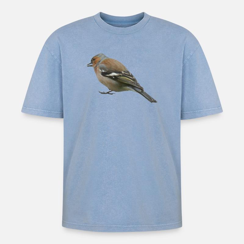 Buchfink (seitlich) - Oversized Unisex Premium Acid-Washed T-Shirt - Blau Acid Wash