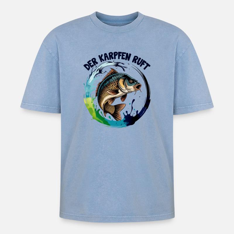 Der Karpfen ruft - Oversized Unisex Premium Acid-Washed T-Shirt - Blau Acid Wash
