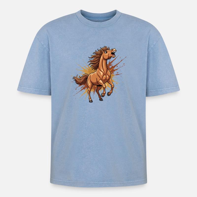 Wildes Pferd im Farbschwall - Oversized Unisex Premium Acid-Washed T-Shirt - Blau Acid Wash