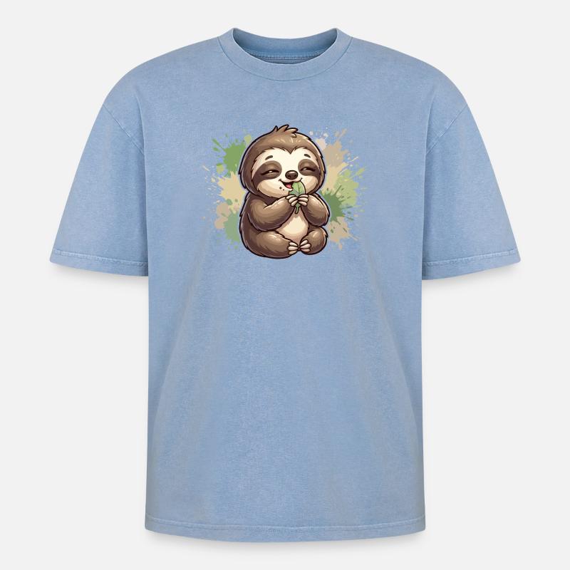 Sloth with leaf cuddles - Oversized Unisex Premium Acid-Washed T-Shirt - acid washed blue