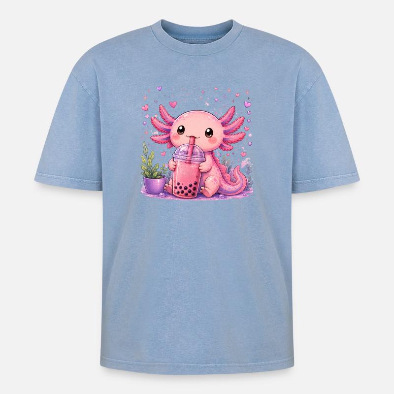 Pink Axolot with Bubble Tea - Oversized Unisex Premium Acid-Washed T-Shirt - acid washed blue