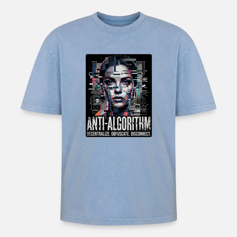 Anti Algorithm - Oversized Unisex Premium Acid-Washed T-Shirt - Blau Acid Wash