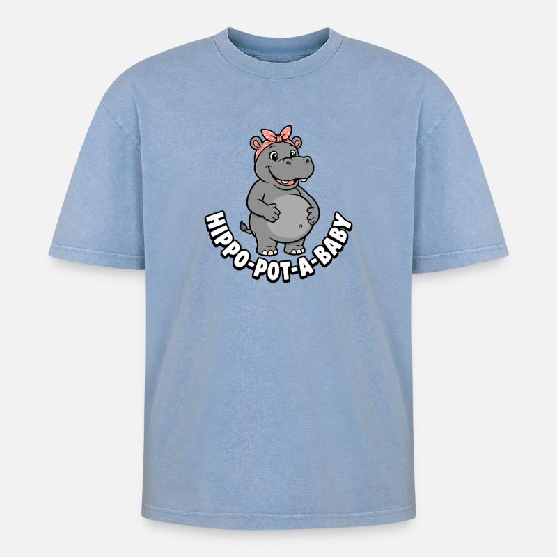 Schwangere Mutter Nilpferd-Topf-ein-Baby Nilpferd  - Oversized Unisex Premium Acid-Washed T-Shirt - Blau Acid Wash