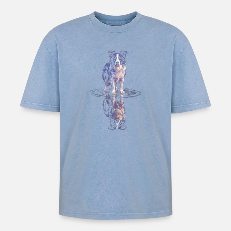 Border Collie Water Reflection - Oversized Unisex Premium Acid-Washed T-Shirt - acid washed blue