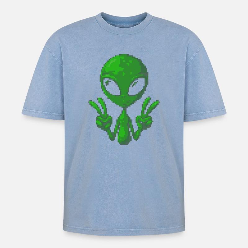 Pixel Alien Friedenszeichen - Oversized Unisex Premium Acid-Washed T-Shirt - Blau Acid Wash