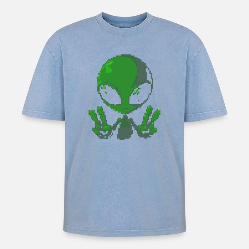 Pixel grünes Alien-Friedenszeichen - Oversized Unisex Premium Acid-Washed T-Shirt - Blau Acid Wash