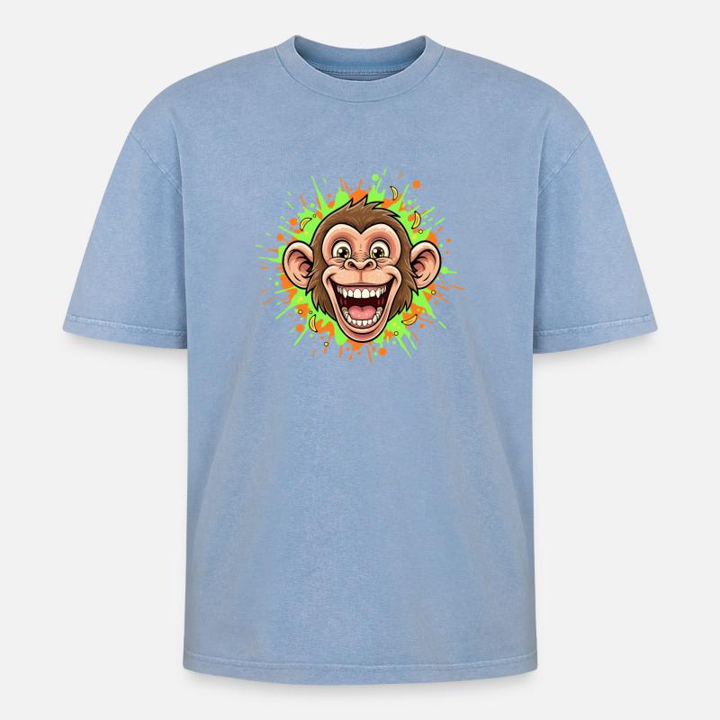 Lachender Affe Neon Splash - Oversized Unisex Premium Acid-Washed T-Shirt - Blau Acid Wash