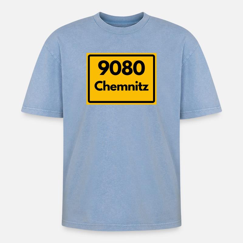 ALTE POSTLEITZAHL 9080 SACHSEN CHEMNITZ - Oversized Unisex Premium Acid-Washed T-Shirt - Blau Acid Wash