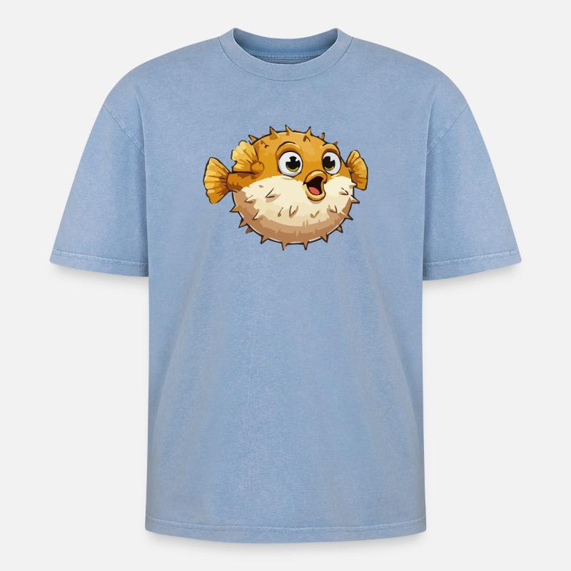 Puffer Fish Comic - Oversized Unisex Premium Acid-Washed T-Shirt - acid washed blue