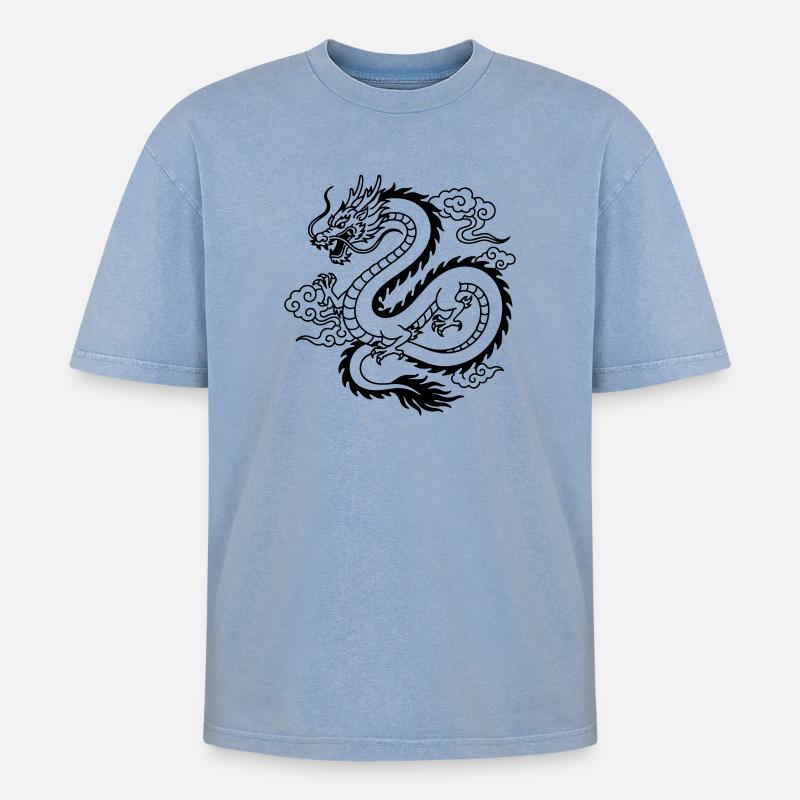 Chinesischer Drache - Oversized Unisex Premium Acid-Washed T-Shirt - Blau Acid Wash