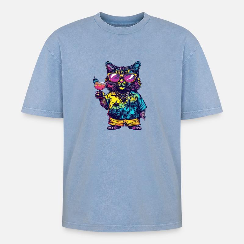Cat Comic Summer - Oversized Unisex Premium Acid-Washed T-Shirt - acid washed blue