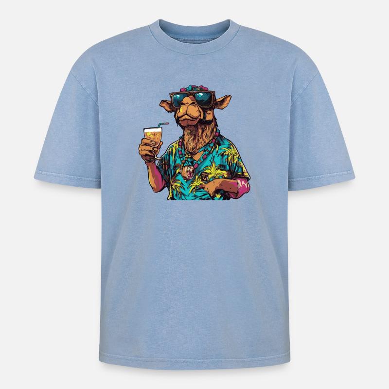 Kamel Comic Sommer - Oversized Unisex Premium Acid-Washed T-Shirt - Blau Acid Wash