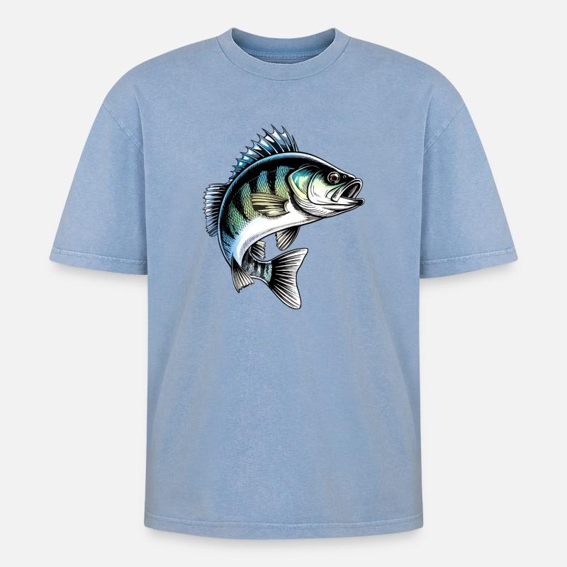 Jumping Perch Dynamic Fish Illustration - Oversized Unisex Premium Acid-Washed T-Shirt - acid washed blue