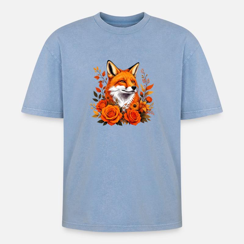 Fuchs im Herbstrausch - Oversized Unisex Premium Acid-Washed T-Shirt - Blau Acid Wash