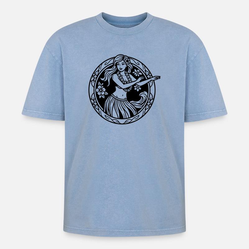 Hula-Mädchen - Oversized Unisex Premium Acid-Washed T-Shirt - Blau Acid Wash