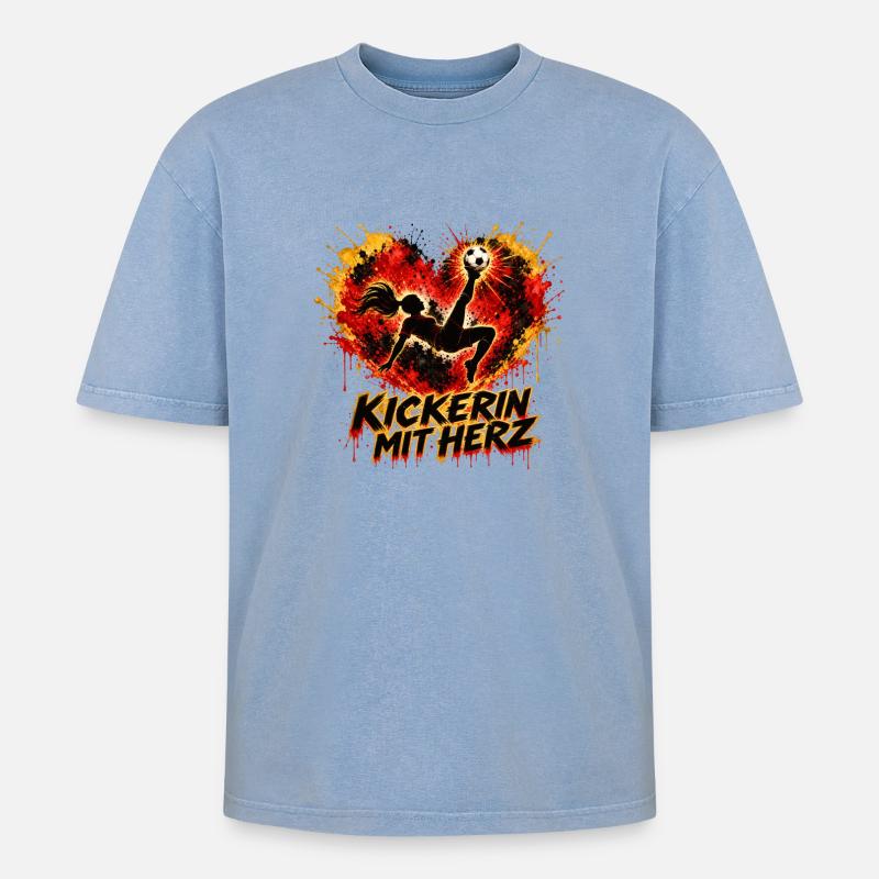 Kickerin mit Herz - Oversized Unisex Premium Acid-Washed T-Shirt - Blau Acid Wash