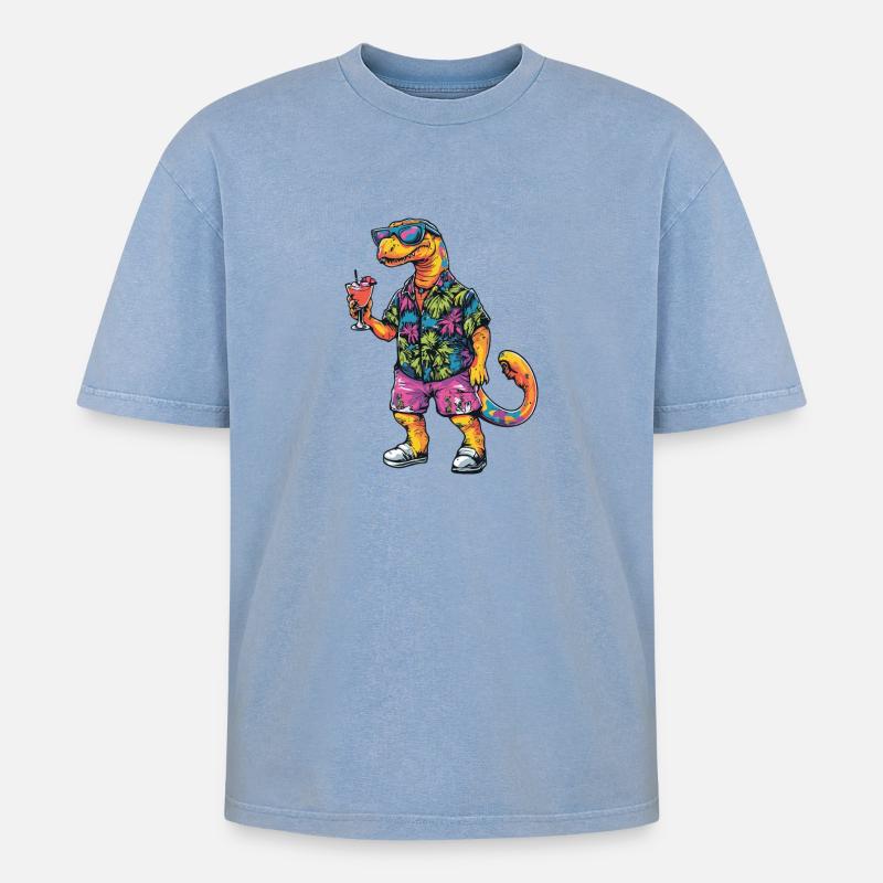 Dinosaur brontosaurus Comic Summer - Oversized Unisex Premium Acid-Washed T-Shirt - acid washed blue