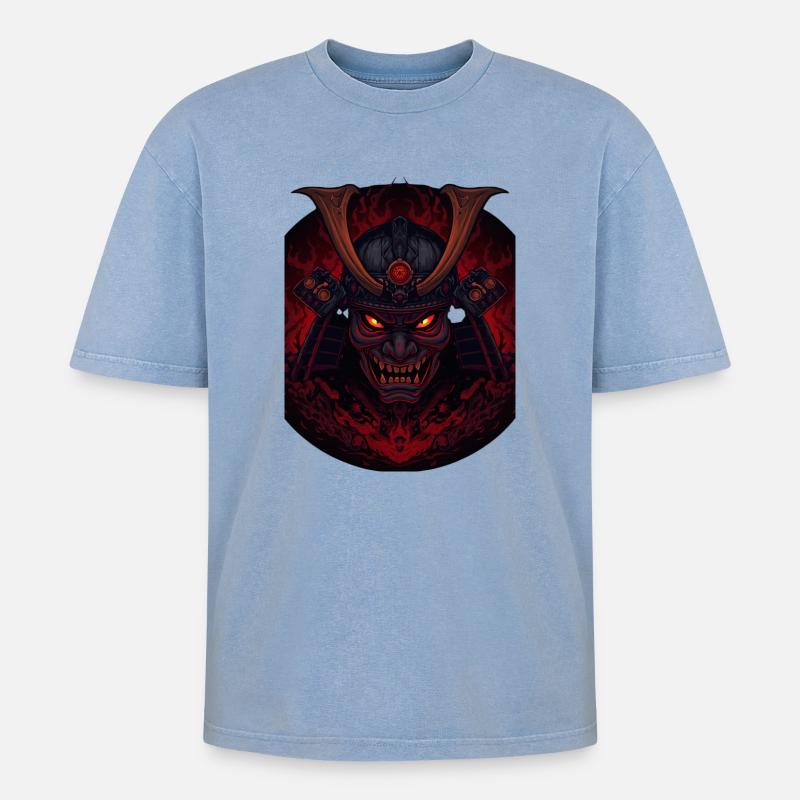 Dämonen-Samourai - Oversized Unisex Premium Acid-Washed T-Shirt - Blau Acid Wash