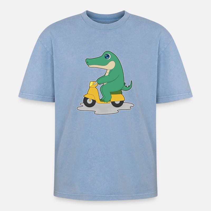 Krokodil Motorroller - Oversized Unisex Premium Acid-Washed T-Shirt - Blau Acid Wash