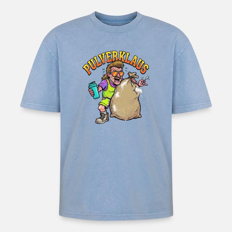 Pulverklaus: Protein oder Zauberpulver Gym - Oversized Unisex Premium Acid-Washed T-Shirt - Blau Acid Wash