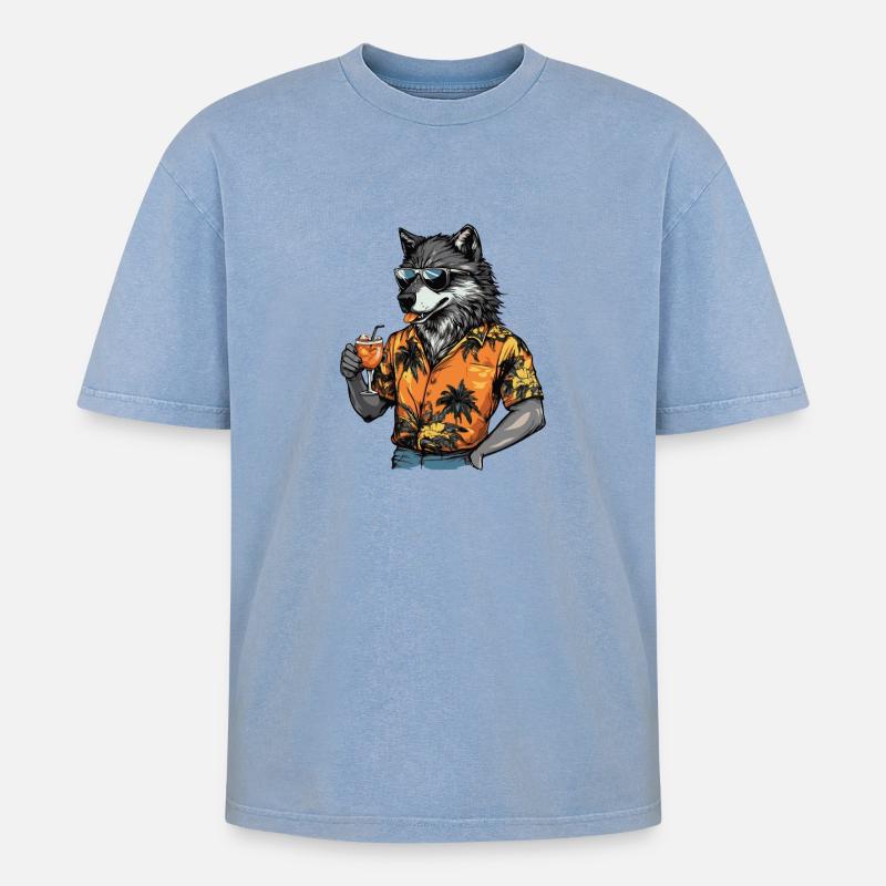Wolf Comic Sommer - Oversized Unisex Premium Acid-Washed T-Shirt - Blau Acid Wash