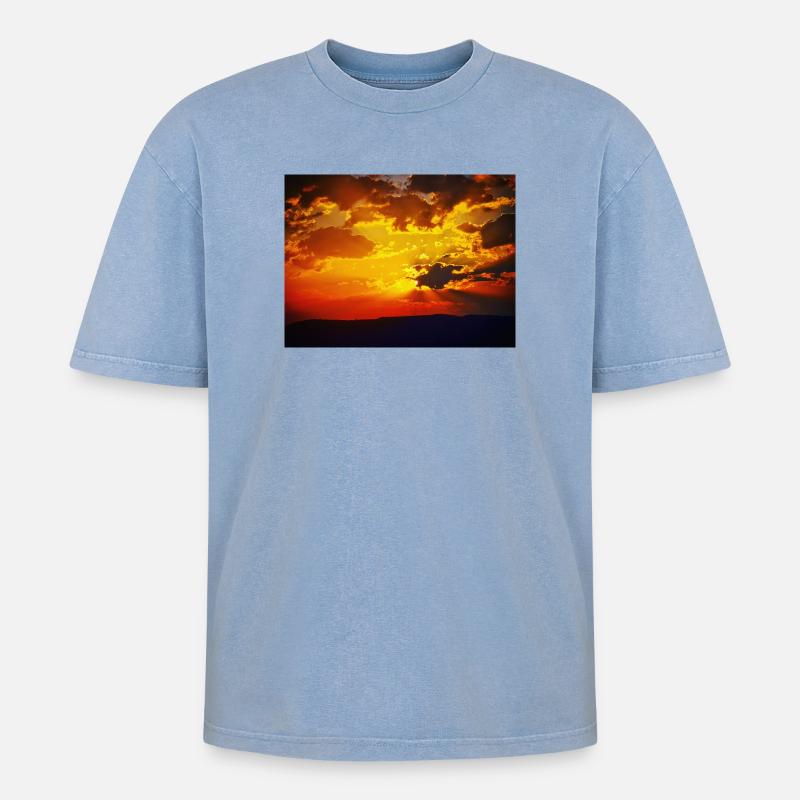 Sonnenuntergangsfeuerstrahlen - Oversized Unisex Premium Acid-Washed T-Shirt - Blau Acid Wash