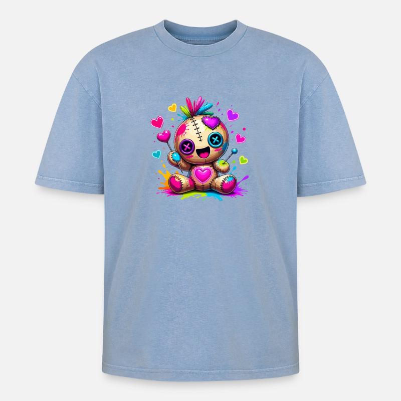 Patchwork-Kuscheltier mit Neonherzen - Oversized Unisex Premium Acid-Washed T-Shirt - Blau Acid Wash