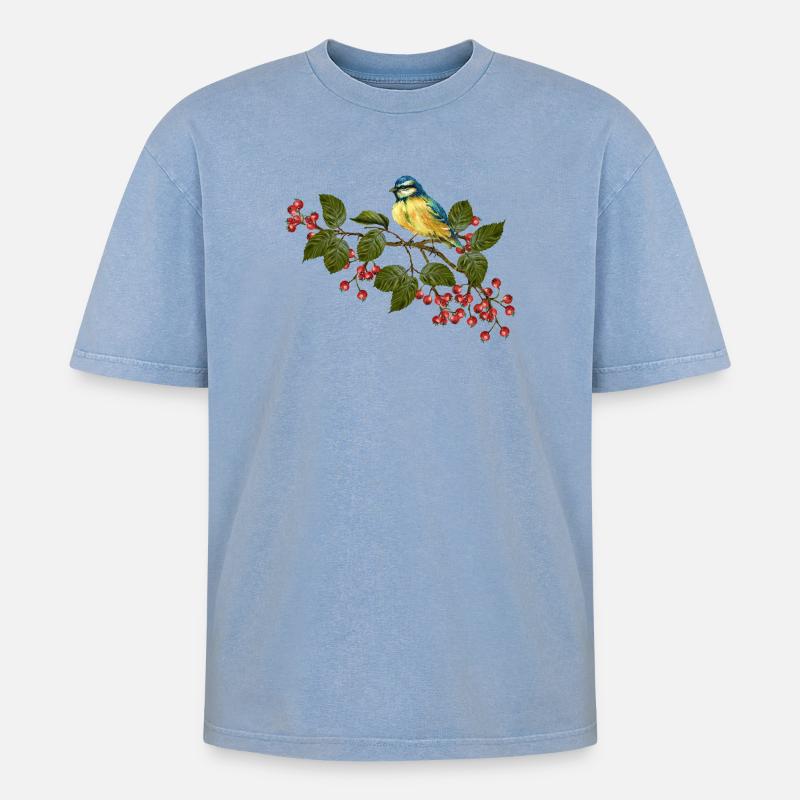 Bunter Vogel - Oversized Unisex Premium Acid-Washed T-Shirt - Blau Acid Wash