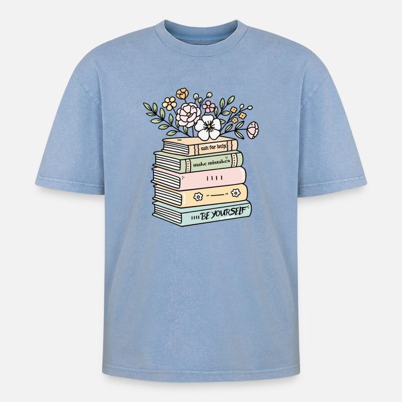 Be Yourself Book Stack Motivation - Oversized Unisex Premium Acid-Washed T-Shirt - acid washed blue