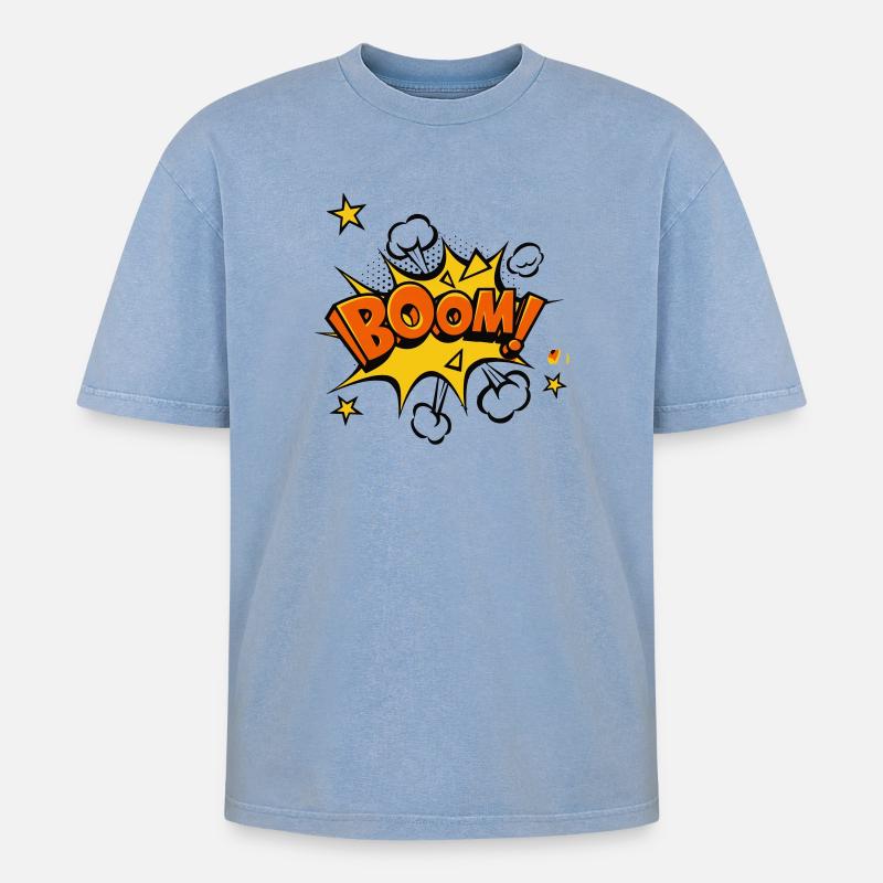 Boom Comic Explosion - Oversized Unisex Premium Acid-Washed T-Shirt - Blau Acid Wash