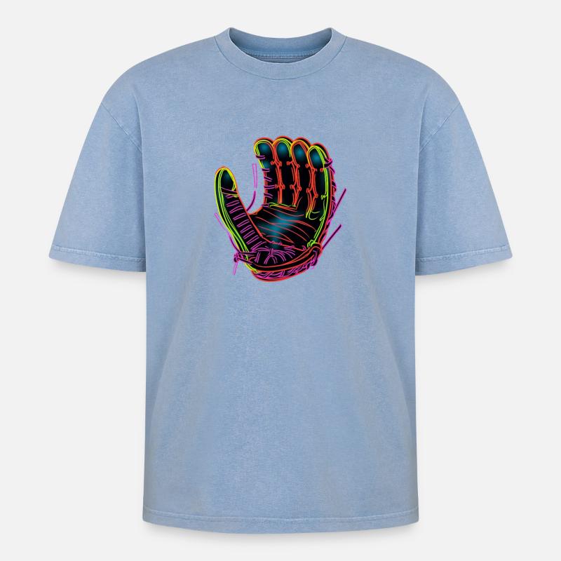 Baseball Handschuh Synthwave - Oversized Unisex Premium Acid-Washed T-Shirt - Blau Acid Wash
