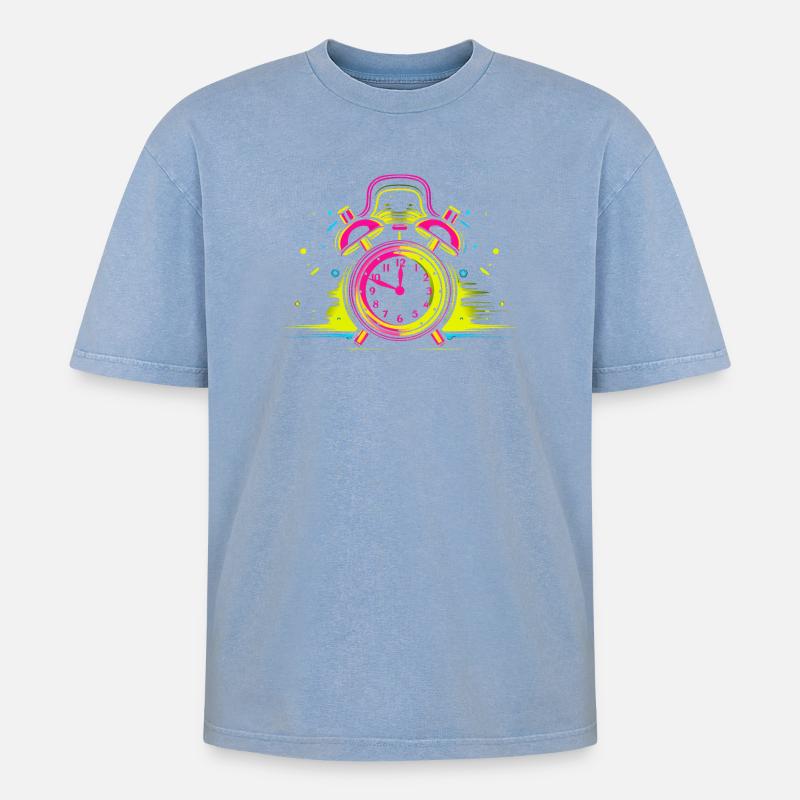 Wecker Synthwave - Oversized Unisex Premium Acid-Washed T-Shirt - Blau Acid Wash