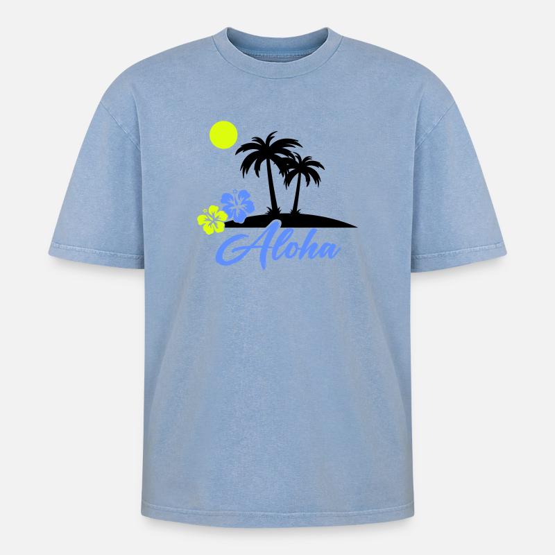 Aloha Hibiscus Neon Script - Oversized Unisex Premium Acid-Washed T-Shirt - acid washed blue