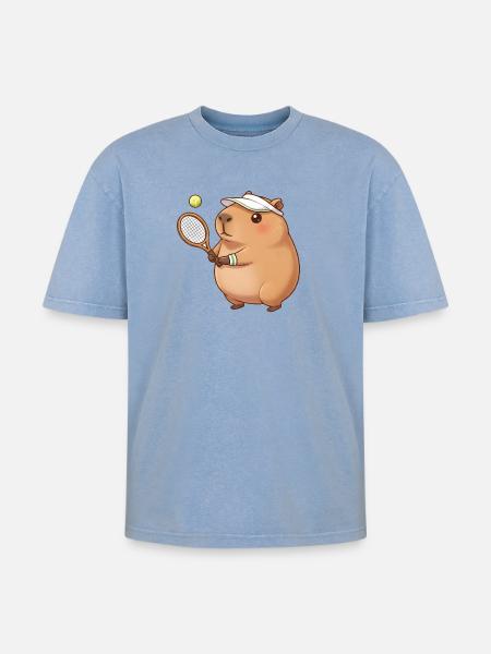 Capybara plays tennis - Oversized Unisex Premium Acid-Washed T-Shirt - acid washed blue