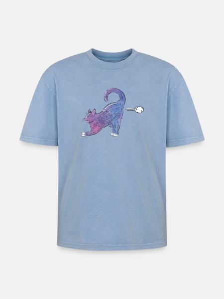 Bunte Katze streckt Aquarell - Oversized Unisex Premium Acid-Washed T-Shirt - Blau Acid Wash