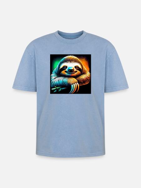 Faultier - Oversized Unisex Premium Acid-Washed T-Shirt - Blau Acid Wash