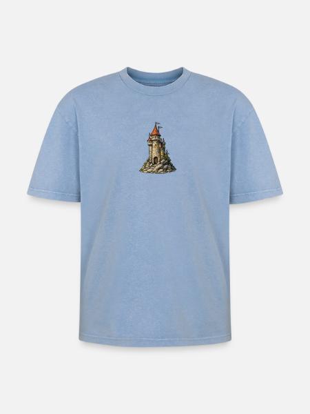 Castle tower on the rock - Oversized Unisex Premium Acid-Washed T-Shirt - acid washed blue