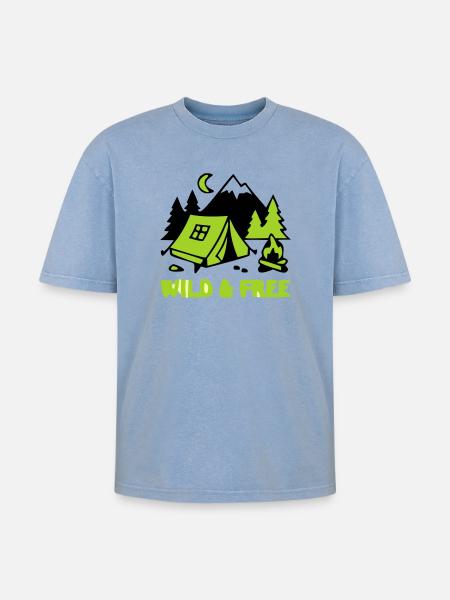 Camping Zelt Natur Grafik - Oversized Unisex Premium Acid-Washed T-Shirt - Blau Acid Wash