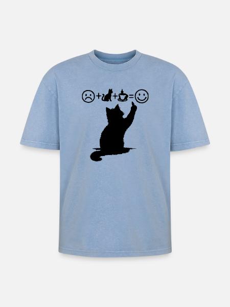 Cat Black Coffee Design Minimalistisk Humor - Unisex oversized Premium T-shirt med acid-washed effekt - blå syrevasket