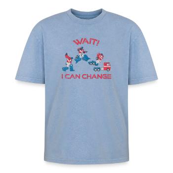 Transformers Optimus Prime Wait! I Can Change - Oversized Unisex Premium Acid-Washed T-Shirt - Blau Acid Wash - Vorne - AI Model Female 172 dark (172cm) & AI Model Male 185 dark (185cm)