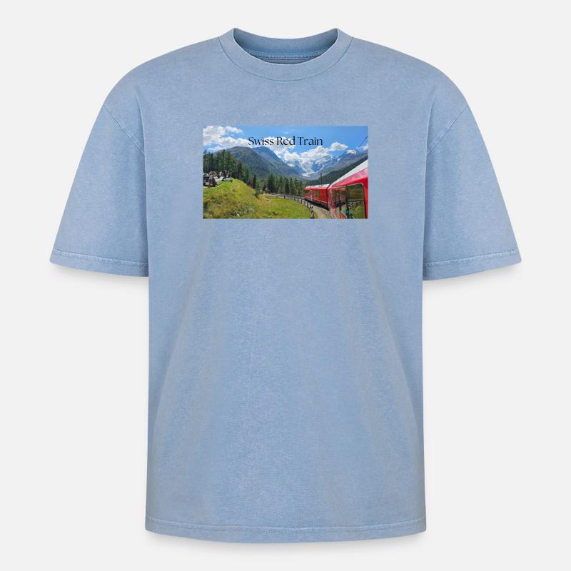 Schweizerischer Roter Zug - Oversized Unisex Premium Acid-Washed T-Shirt - Blau Acid Wash