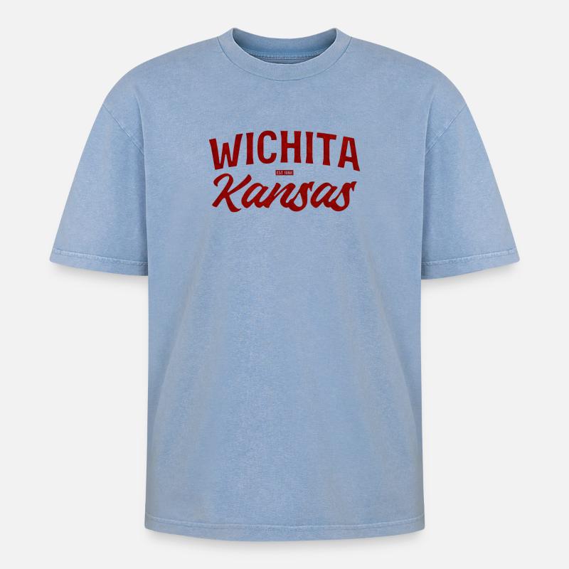 Wichita Kansas Retro Script - Oversized Unisex Premium Acid-Washed T-Shirt - Blau Acid Wash