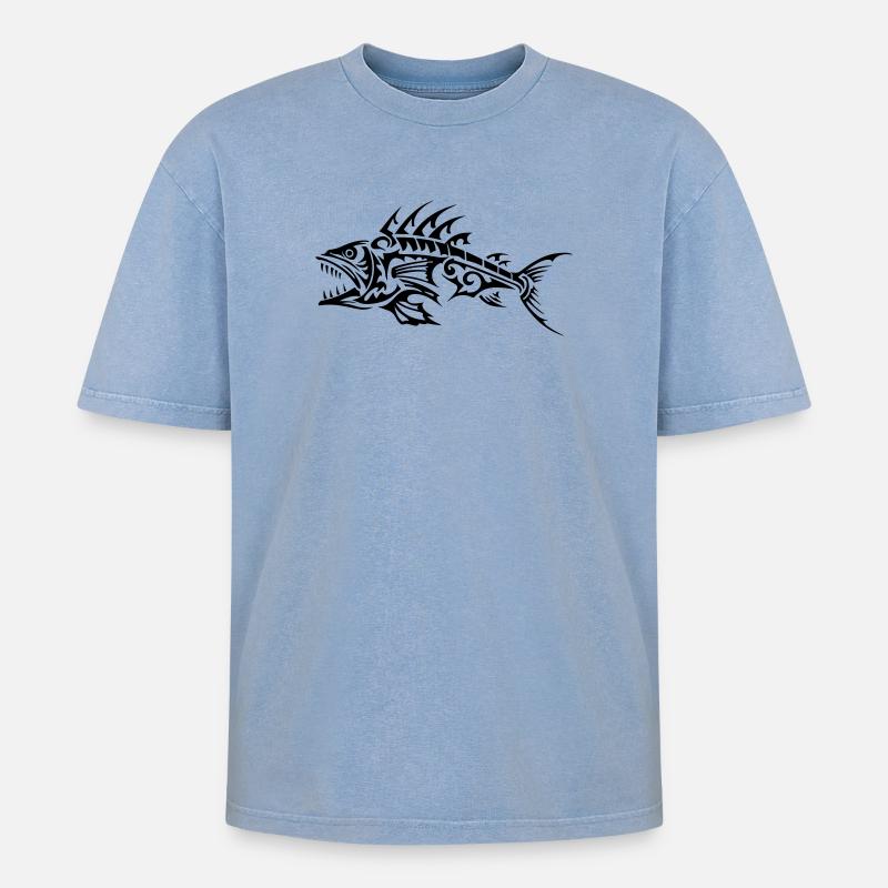 Fisch Tribal Knochen - Oversized Unisex Premium Acid-Washed T-Shirt - Blau Acid Wash