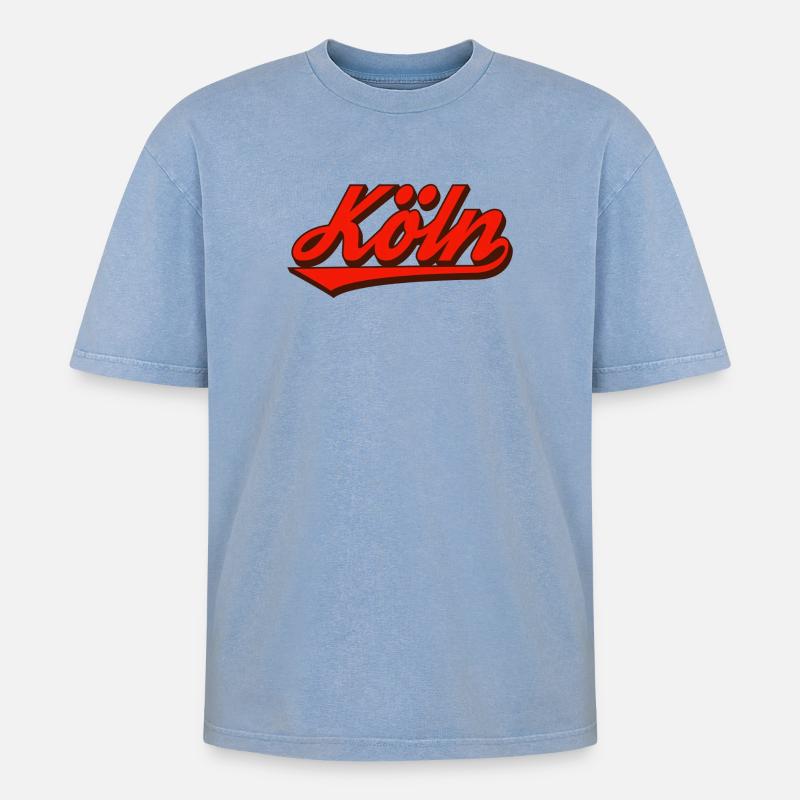 Köln Retro Script Logo Rot - Oversized Unisex Premium Acid-Washed T-Shirt - Blau Acid Wash