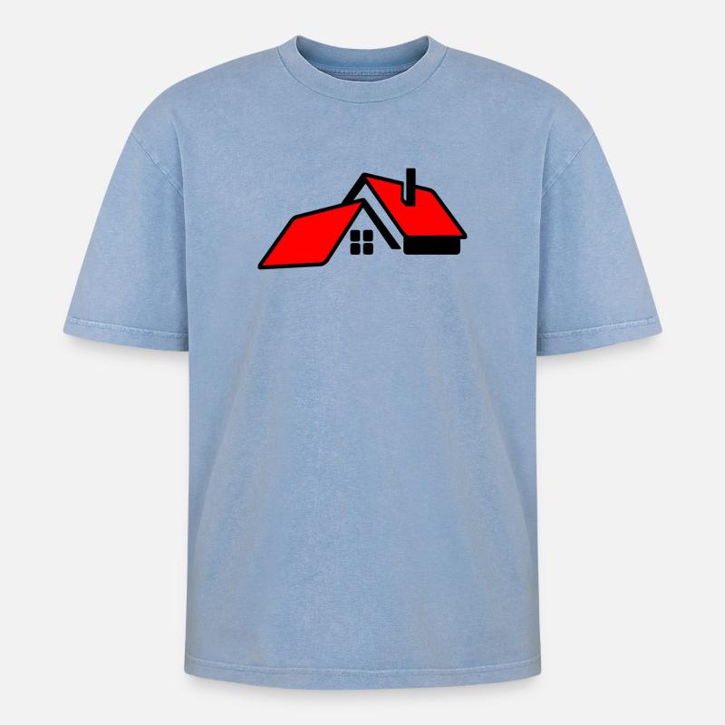 Haus mit rotem Dachlogo - Oversized Unisex Premium Acid-Washed T-Shirt - Blau Acid Wash